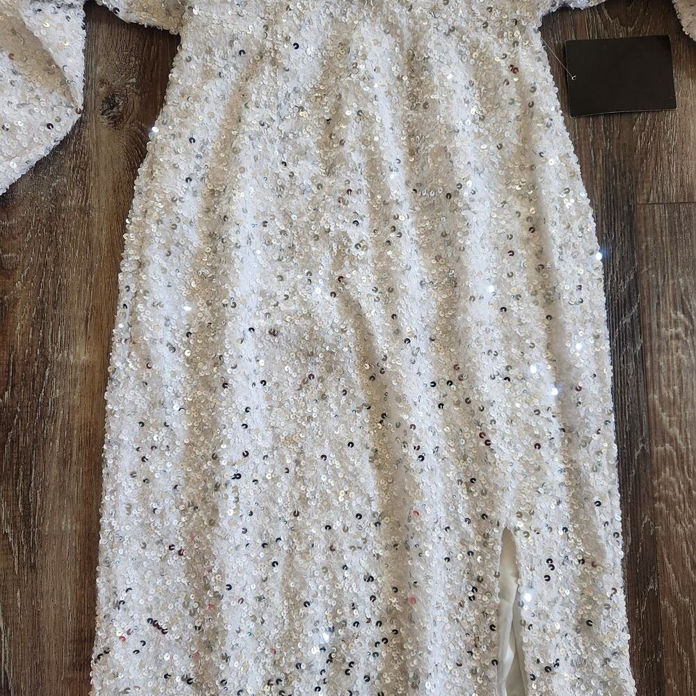 Retrofete Camille Sequin Chiffon Dress V Neck Long Sleeve Maxi White Size XS NWT - Picture 4 of 12